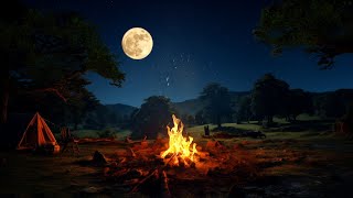 Cozy Campfire on a Clear Night with Full Moon amp Shooting Stars  Crickets Owls and Fire Sounds [upl. by Alim]