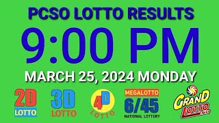 9pm Lotto Results Today March 25 2024 Monday pcso ez2 swertres 2d 3d 4d 645 655 [upl. by Noramac]