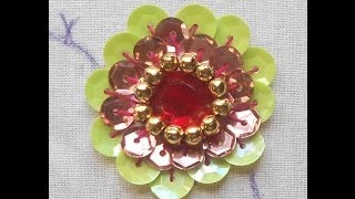 HAND EMBROIDERY How to do A Big Beautiful rosette Sequin Flower using Kundan Stone amp Beads [upl. by Hedi]