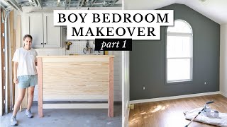 Boy Bedroom Makeover Part 1 Building a Shiplap Headboard amp Painting a Dark Accent Wall [upl. by Yrral]