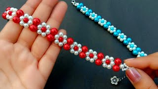 Simple amp Beautiful Pearl Flower BraceletBeaded Bracelet Making How To Useful amp Easy [upl. by Repooc]