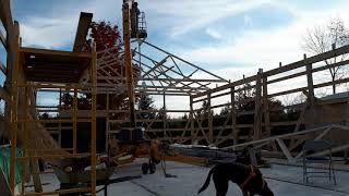 Pole Barn Shop 8a Using a Man Lift to Install Trusses [upl. by Ssitnerp]