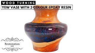 Woodturning  Yew Vase with 3 Colour Epoxy Resin  Restoration DIY [upl. by Menell778]