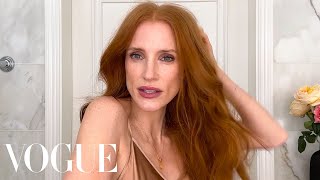 Jessica Chastain on Dry Skin Care Face Slapping amp Kardashian Influences  Beauty Secrets  Vogue [upl. by Glennis]