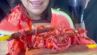 ASMR WATERMELON WITH TAJIN amp CHAMOY WITH spaghetti CANDY AND TAMARIND STICK EATING SOUNDS [upl. by Woody]