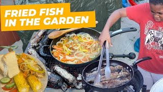 JAMAICAN 🇯🇲 STYLE ESCOVITCH FRIED FISH OUTDOORS COOKING friedfish outdoorcooking fingerlicking [upl. by Attaynek]