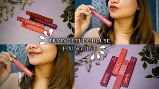 Trying Etude house fixing lip tint review 🌸midnight mauvemellow peachsoft walnutrose lilac [upl. by Aicylla]