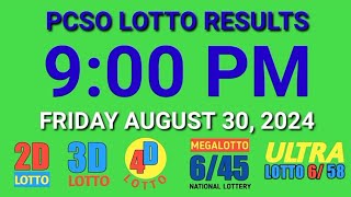 9pm Lotto Results Today August 30 2024 ez2 swertres 2d 3d pcso [upl. by Zehe]