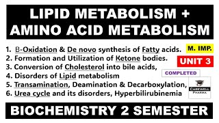 Unit 3 complete  Lipid Metabolism  Amino acid metabolism  biochemistry b pharm 2nd semester [upl. by Ardnossak]