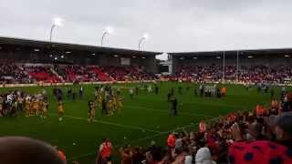 Widnes Fans invade pitch towards Cas Tigers Fans at Leigh Sports Village 100814 [upl. by Naashom]