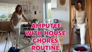 Amputee woman  adaptive crutches user life keeping house chores routine [upl. by Ashlie]