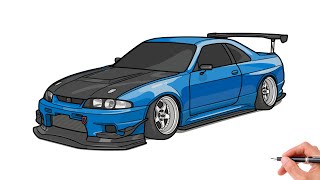 How to draw a NISSAN SKYLINE GTR R33  drawing nissan skyline gtr 1993 car step by step [upl. by Oicirbaf326]