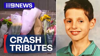 Tributes for young boy killed in Melbourne school crash  9 News Australia [upl. by Araes]