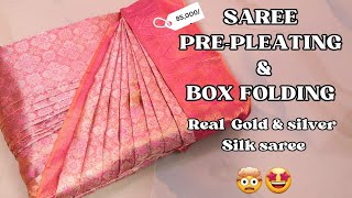 SAREE PREPLEATING amp BOX FOLDING ✅ IN PURE SILK SAREE WITH MEASUREMENTS💯 video saree trending [upl. by Kittie754]