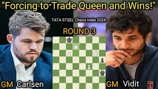 Magnus Carlsen VS Gujrathi Vidit  Tata Steel Chess India 2024  Round 3 Rapid [upl. by Jamnis]