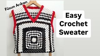 grannysquare örgükazak KOLAY TIĞ İŞİ SÜVETER  ARTAN İPLERİ DEĞERLENDİRELİM  EASY CROCHET [upl. by Emil]