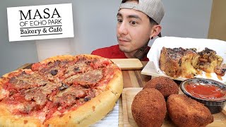 MUKBANG EATING Chicago Style Deep Dish Pizza Fried Risotto Balls From Masa Of Echo Park [upl. by Novaat391]