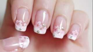 Cherry Blossom French Manicure Nails Konad Stamping with Freehand Option [upl. by Anavlis]