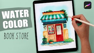 Drawing a BookStore  Procreate Watercolor Tutorial [upl. by Beitch612]