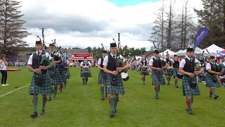 Pipe Major James Cooper leads Ballater Pipe Band for competition during 2022 Dufftown Highland Games [upl. by Zoara421]