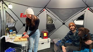 Cozy Winter Camping In Freezing Rain Storm  Cooking Gourmet Risotto [upl. by Ernest]