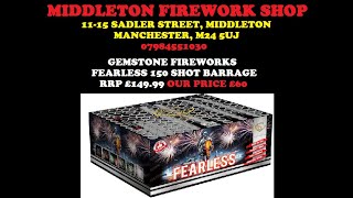 Fearless 150 Shot Barrage By Gemstone Fireworks  £60 At Middleton Firework Shop Manchester [upl. by Nezam]