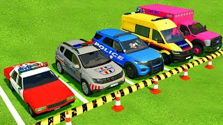 CHEVROLET DACIA FORD VOLKSWAGEN POLICE CARS amp FORD AMBULANCE EMERGENCY TRANSPORTING  FS22 [upl. by Nirda56]