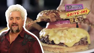 Bacon BBQ Brisket Cheeseburger  Diners Driveins and Dives with Guy Fieri  Food Network [upl. by Eecal]