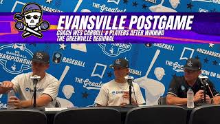 Evansville Baseball Coach Wes Carroll amp players after winning the Greenville Regional over ECU [upl. by Fredek]