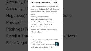 Accuracy Precision Recall datascience datascienceinterviewquestions [upl. by Flam]