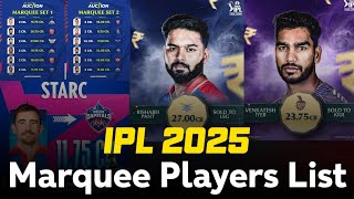 IPL Auction 2025  Rishabh Pant Sold To LSG For 27cr Bid IPL 2025 All Marquee Players Complete List [upl. by Nikki]