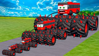 Big amp Small Long Bus Spider Lightning McQueen Thorns vs Thomas Trains  BeamNGdrive [upl. by Nnairek]