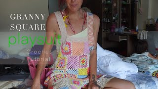 Granny square crochet playsuit  onesie tutorial [upl. by Durrej]