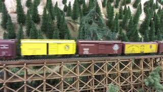 Great Northern Railway UP 2 tone grey challenger 4 6 6 4 40 car freight at Chumstick canyon trestle [upl. by Artinahs]