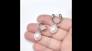 Sterling Silver 925 Round lever back earrings with dangling white freshwater pearls EK000950 [upl. by Annora]