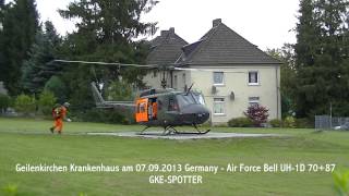 Landeanflug auf den Heliport vom Krankenhaus Geilenkirchen Germany  Air Force Bell UH1D 7087 [upl. by Lanod159]