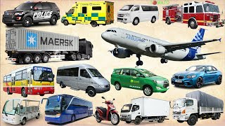 Street Vehicles Names and Sounds Collection  Police Car Ambulance Fire truck Airplane Trucks [upl. by Yecram]