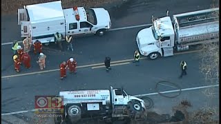 Fuel Truck Flips Over Leaving Thousands Of Gallons Of Fuel On Road [upl. by Line]