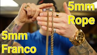 5mm Franco Chain amp 5mm Rope Chain  Gold Jewelry Sizing [upl. by Baptlsta]