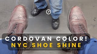 Reviving Old Shoes in Seconds  Cordovan Color Shine with NYC Shoe Shine [upl. by Dnalra505]