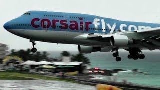 Corsairfly  Boeing 747 Landing during Heavy Rain at St Maarten Princess Juliana Intl Airport [upl. by Nyleuqcaj391]