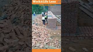 Workers expertly build a sturdy wall with six brick courses ensuring strength and durability [upl. by Sudbury]