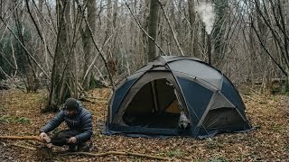 Winter Camping in 5°C Geodesic Hot Tent amp Folding Woodstove [upl. by Noryak]