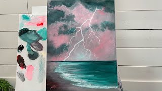 How To Paint LIGHTENING ON THE SEA acrylic painting tutorial for beginners [upl. by Nauht863]