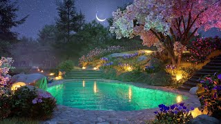 Enchanted pool in the spring forest at night  Crickets Gentle Water Light Wind Sounds for Relax [upl. by Atteiluj]