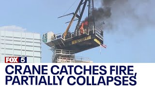 NYC construction crane catches fire partially collapses [upl. by Grigson714]