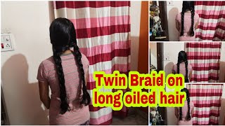 Neatly comb and make twin Braid on long oiled hair [upl. by Anabel]