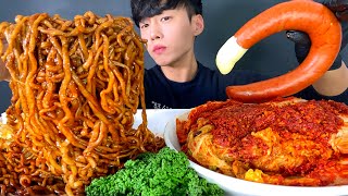 ASMR MUKBANG 짜파게티  매운 실비김치  킬바사소세지 먹방  BlackNodles  kielbasa sausage  most Korean spicy kimchi [upl. by Thorin]