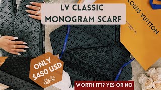 MUST HAVE LOUIS VUITTON CLASSIC MONOGRAM SCARF REVIEWUNBOXING Reversible Charcoal Grey [upl. by Niloc]