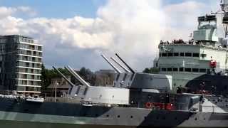 HMS Belfast firing all 6 inch fwd guns 06062014 For DDay [upl. by Alyssa803]